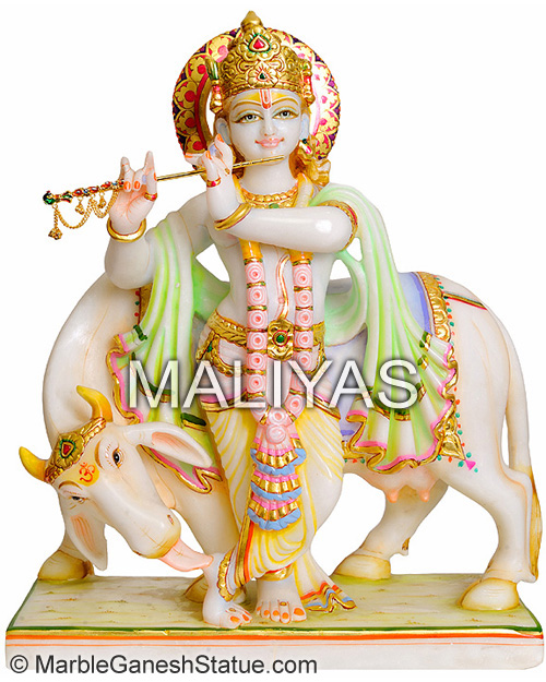 Marble Krishna Statue with Cow